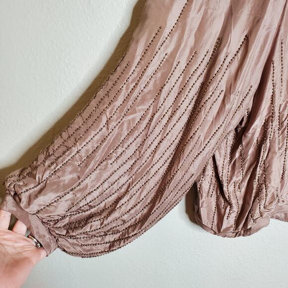 Raasta 100% Silk Beaded Bomber Jacket Size L Blush Pink Studded Bow Going Out - Picture 6 of 15